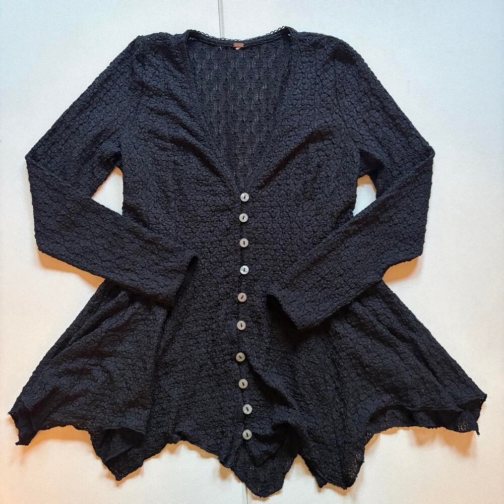 Free People Black Textured Lace Button Down Asymmetric Tunic Top
